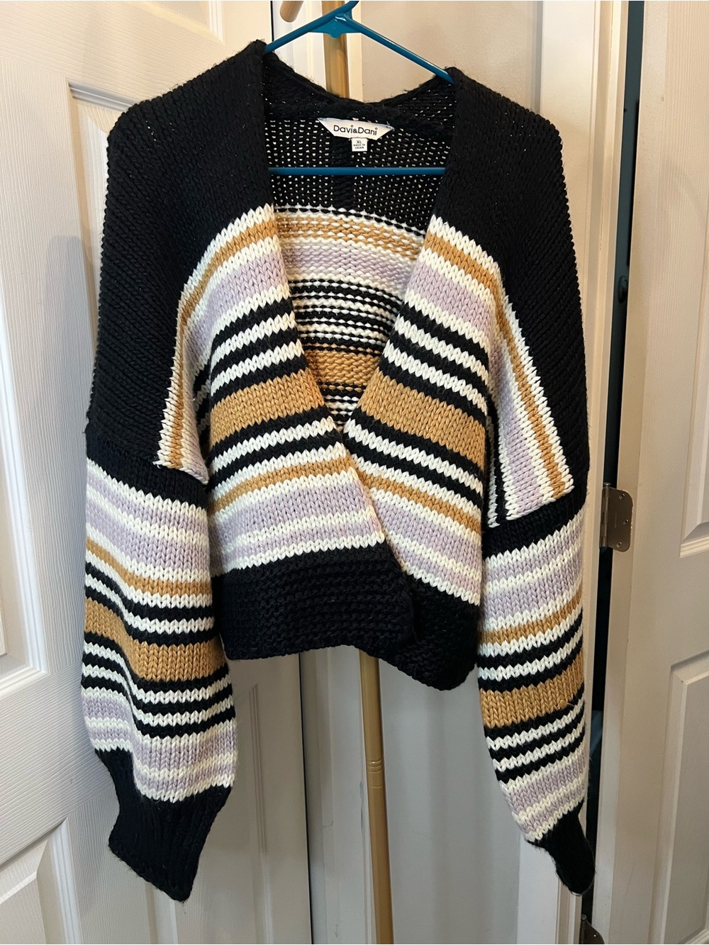 DAVI & DANI Black Striped Open-Front Cardigan with Cream, Tan & Light Purple